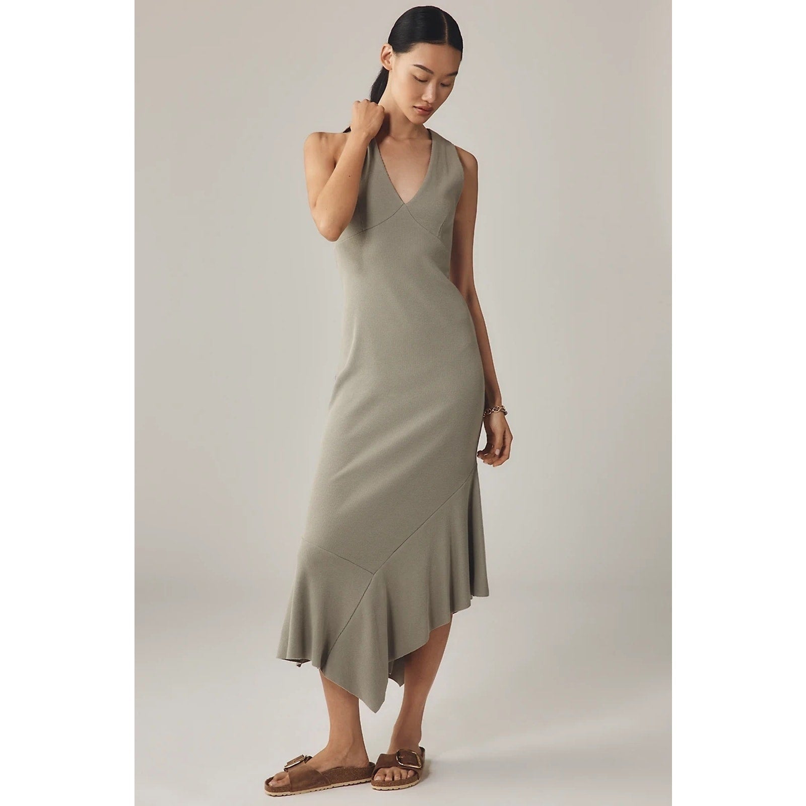 Anthropologie Camel Sleeveless V-Neck Midi Dress