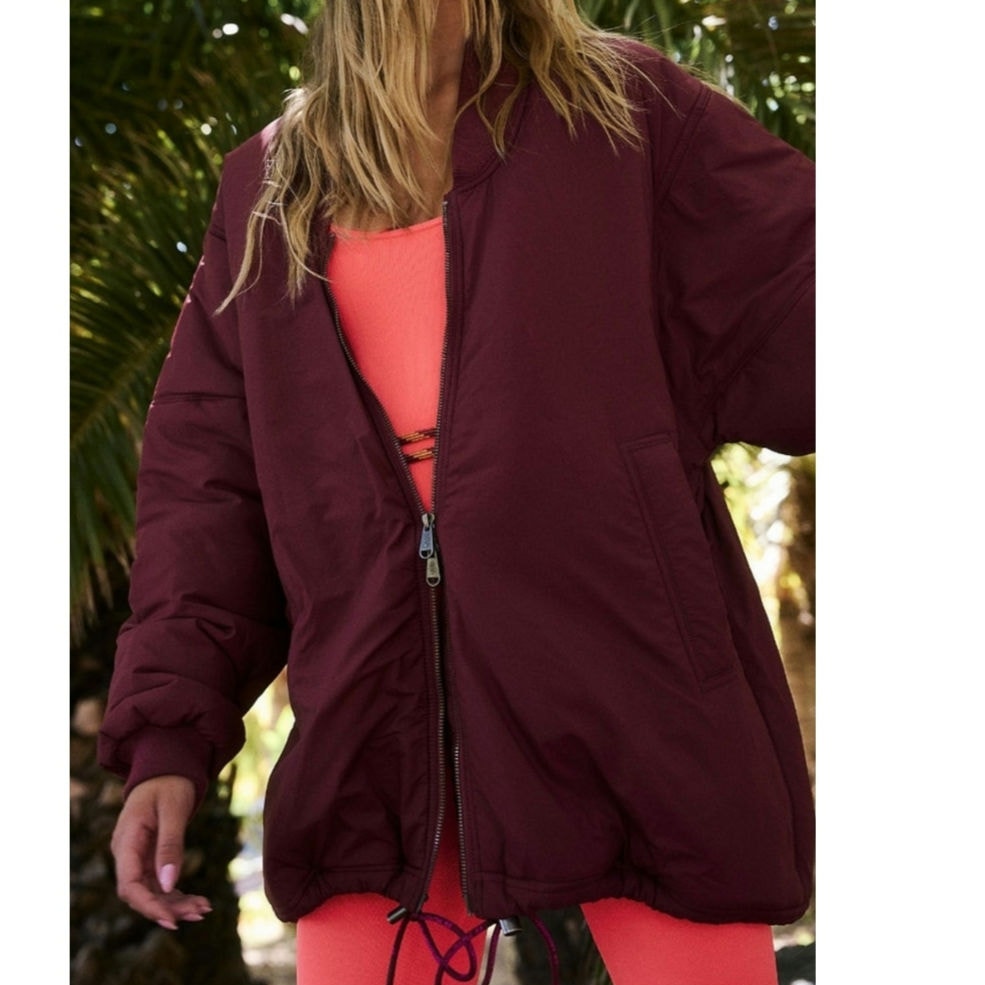 New Free People FP MOVEMENT Midnight Moon Solid Bomber Jacket $198 LARGE Wine