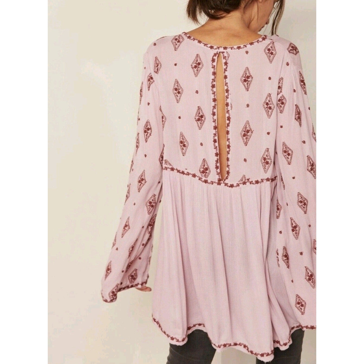 New Free People Diamond Embroidered Long Sleeve Tunic $148 SMALL Lilac Top