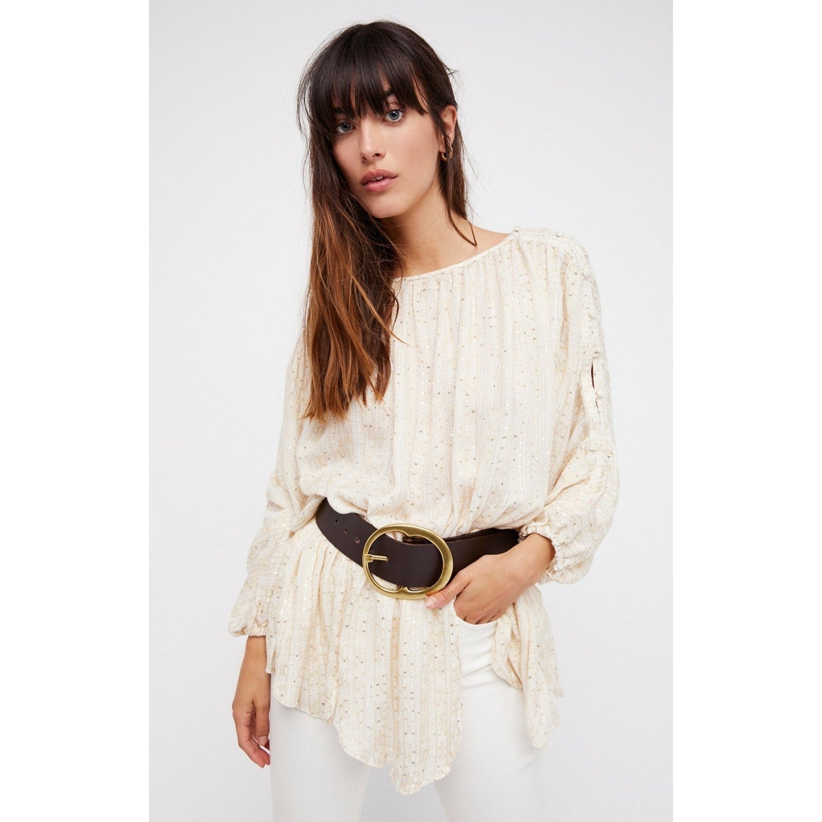 NEW Free People $168 Little Shine Tunic Size Small Top Long Sleeve Blouse Sequin