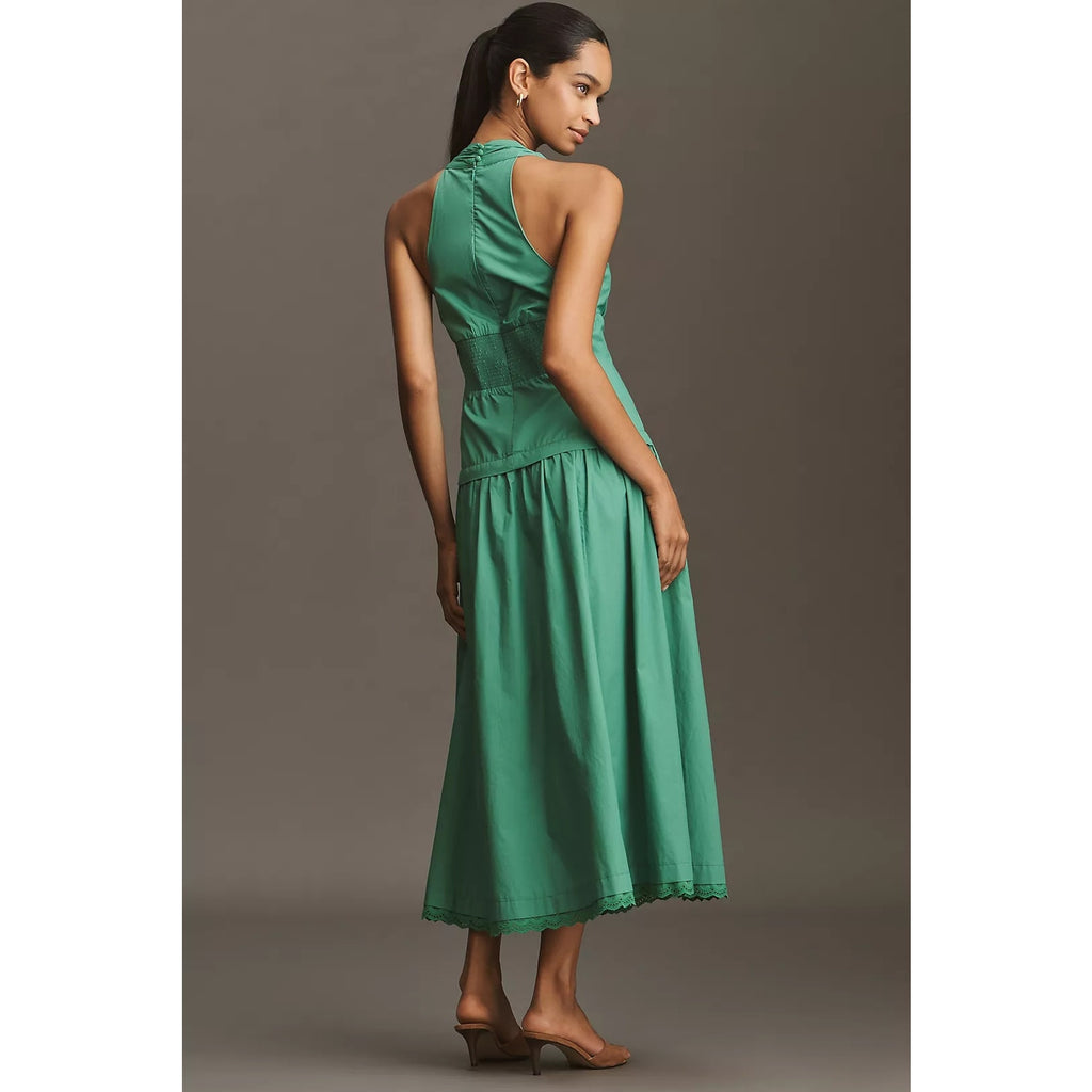 Anthropologie Maeve Halter V-Neck Drop-Waist Midi Dress SMALL Green Anthropologie