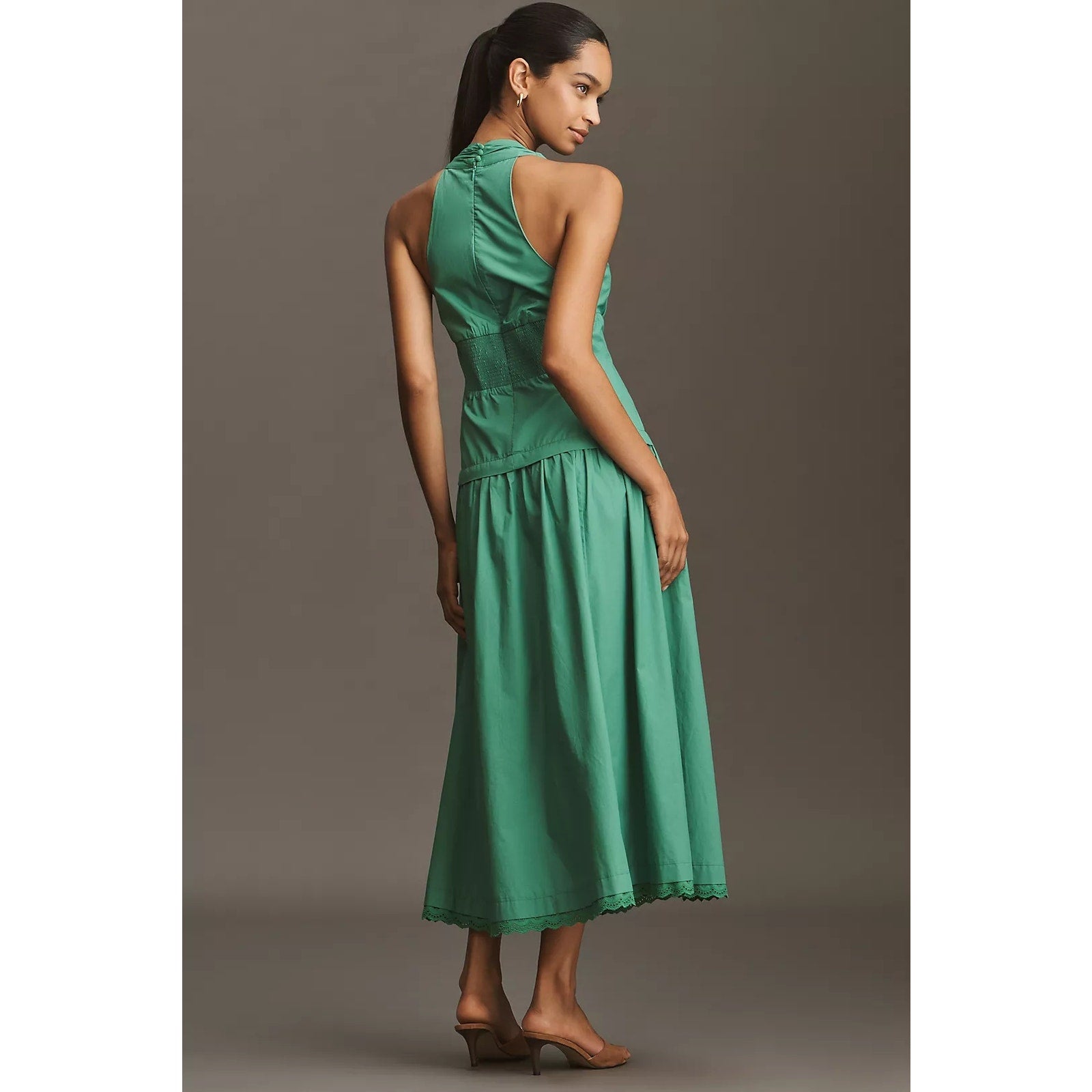 Anthropologie Maeve Halter V-Neck Drop-Waist Midi Dress SMALL Green Anthropologie