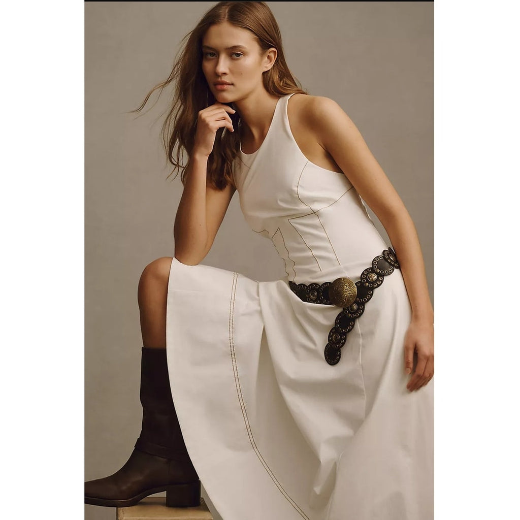 Anthropologie The Kenzie Drop-Waist Midi Dress $178 XL White Smocked Back