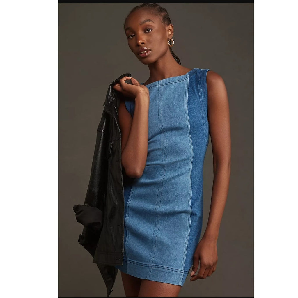 Anthropologie Pilcro Sleeveless Two-Tone Denim Mini Dress $148 SIZE 14 Blue