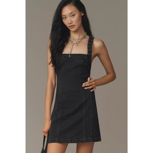 Dark denim mini dress with square neckline and sleeveless studded straps
