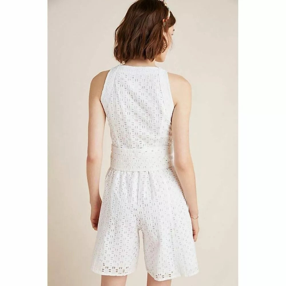 New Anthropologie Belted Eyelet Lace Romper $160 White Size 0 Button Front