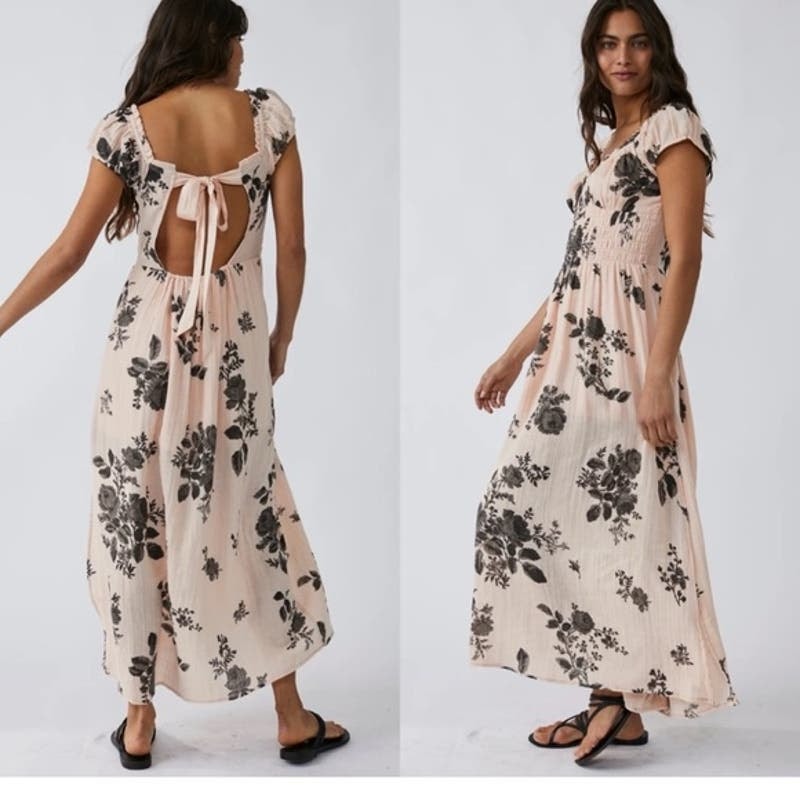 New Free People Forget Me Not Boho Floral Smocked Midi Dress $128 Small Peach
