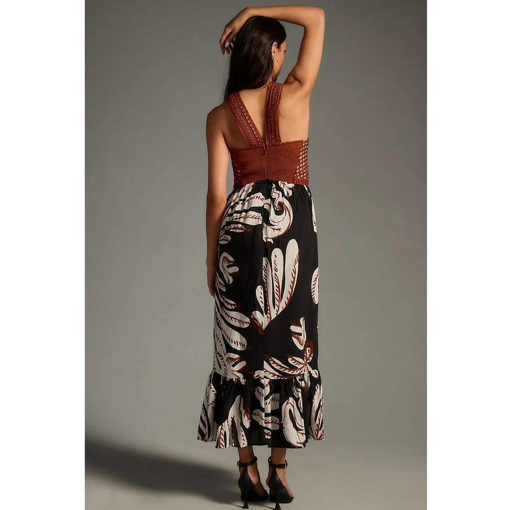New By Anthropologie Deco Printed Halter Dress $248 SIZE 6 Black & Brown Motif