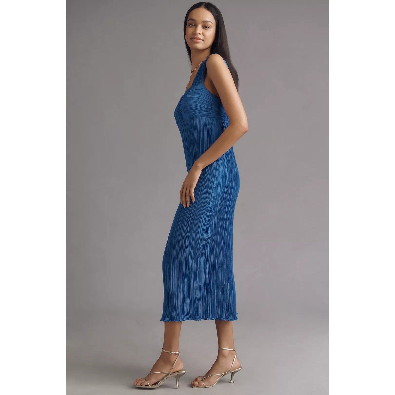 Anthropologie Pleated Satin Sweetheart Midi Dress X-LARGE Blue Anthropologie
