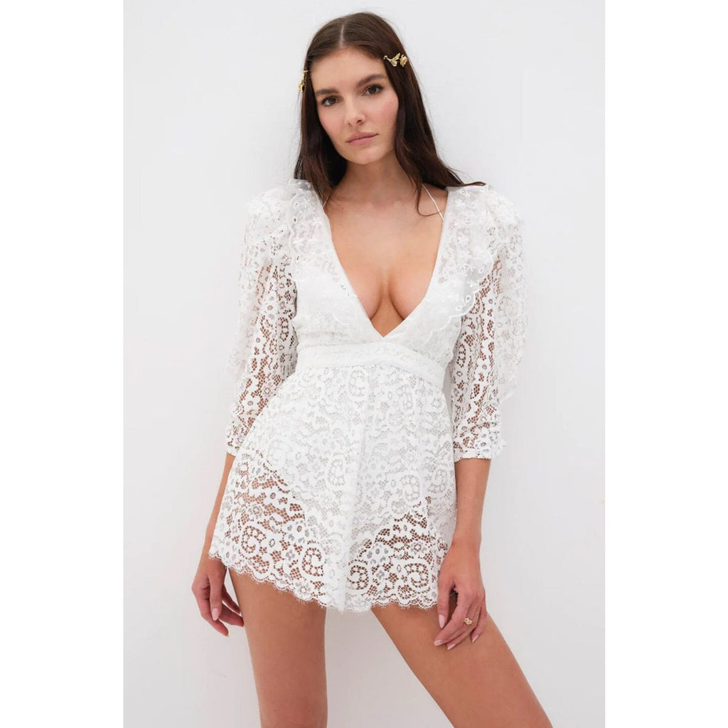New Free People x For Love & Lemons Santo Lace Deep-V Romper $268 SMALL White