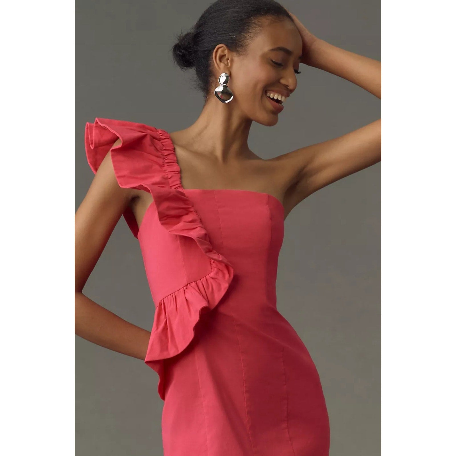 New By Anthropologie One-Shoulder Ruffle Linen Column Midi Dress $168 LARGE Pink