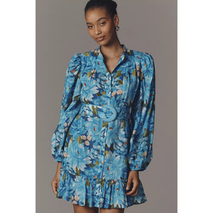 Farm Rio x Anthropologie Long-Sleeve Mini Swing Dress X-SMALL Blue