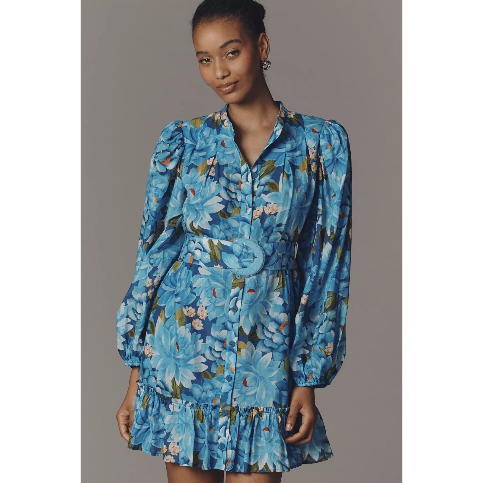Farm Rio x Anthropologie Long-Sleeve Mini Swing Dress X-SMALL Blue FARM Rio