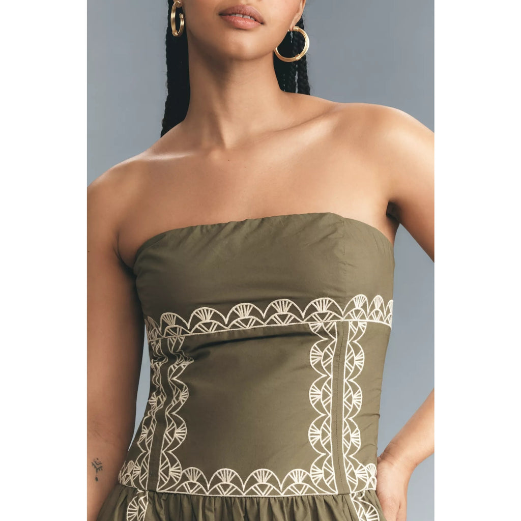 Anthropologie Strapless Drop-Waist Embroidered Midi Dress Medium Olive Anthropologie