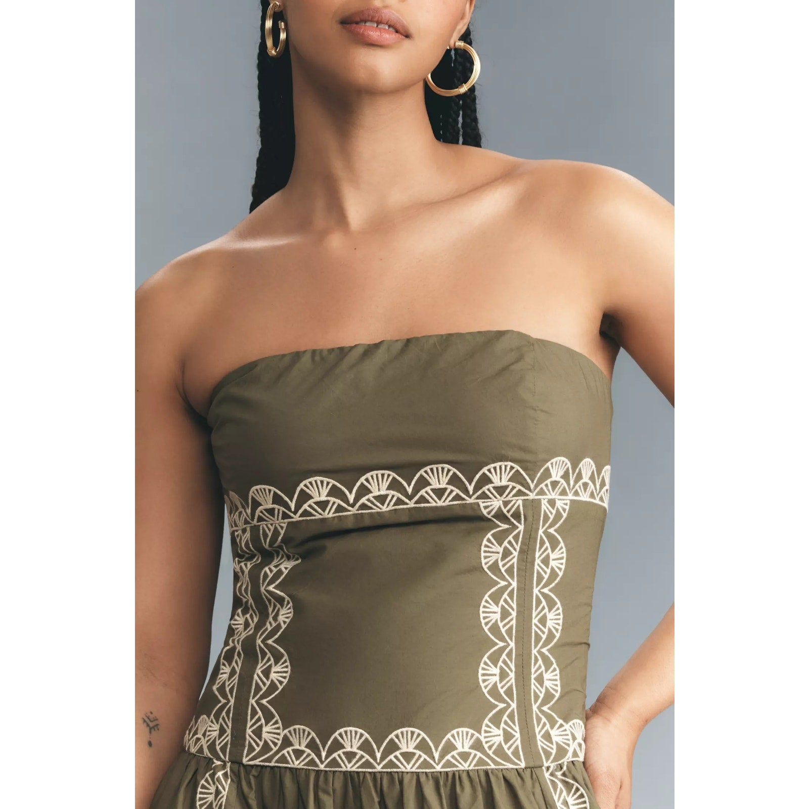 Anthropologie Strapless Drop-Waist Embroidered Midi Dress Medium Olive Anthropologie
