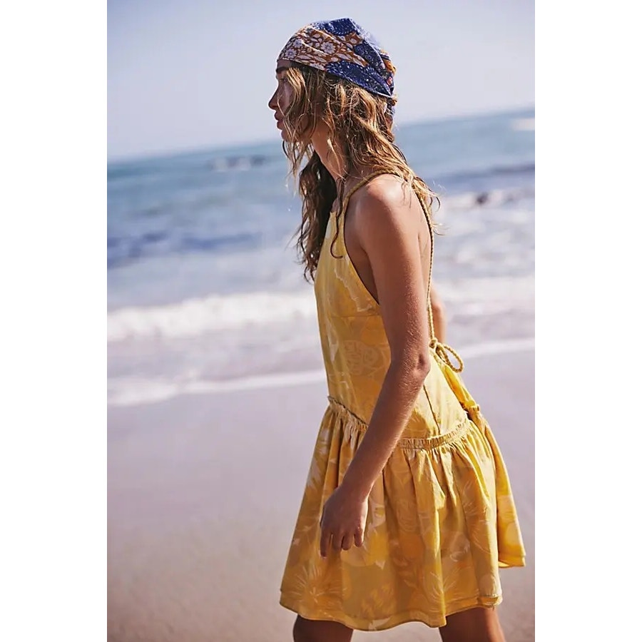 Free People Deserted Island Mini Dress SMALL Yellow Tropical Boho Combo Free People