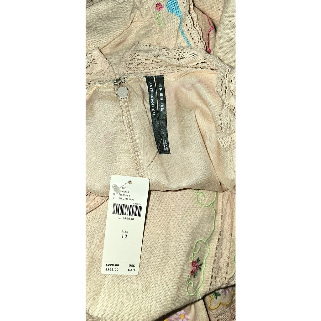 Anthropologie Linen Blend Puff-Sleeve V-Neck Mini Dress SIZE 12 Neutral Anthropologie
