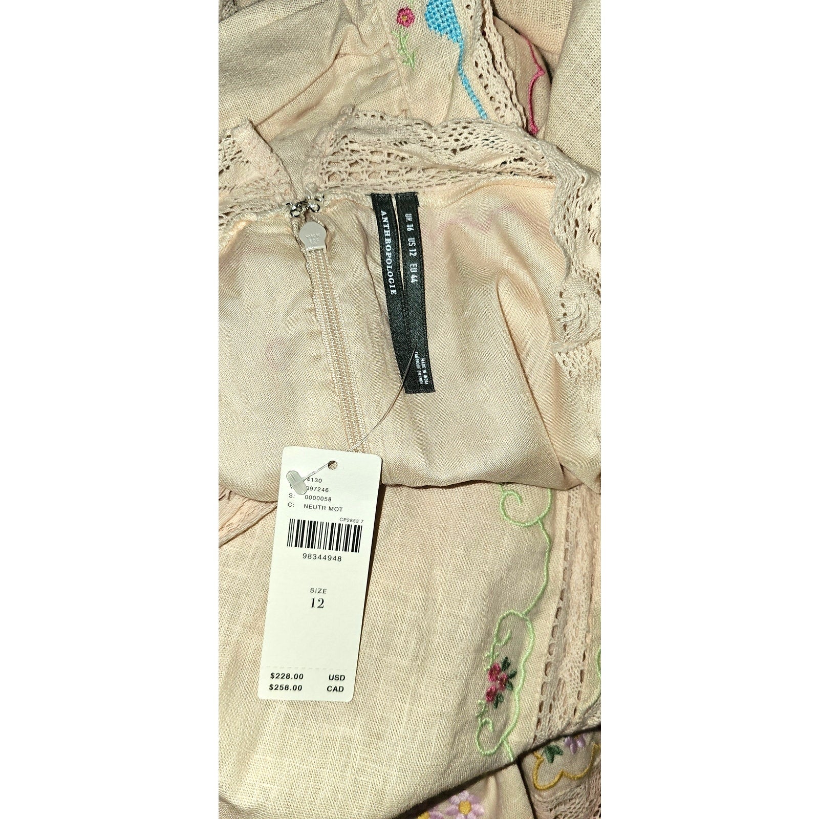 Anthropologie Linen Blend Puff-Sleeve V-Neck Mini Dress SIZE 12 Neutral Anthropologie