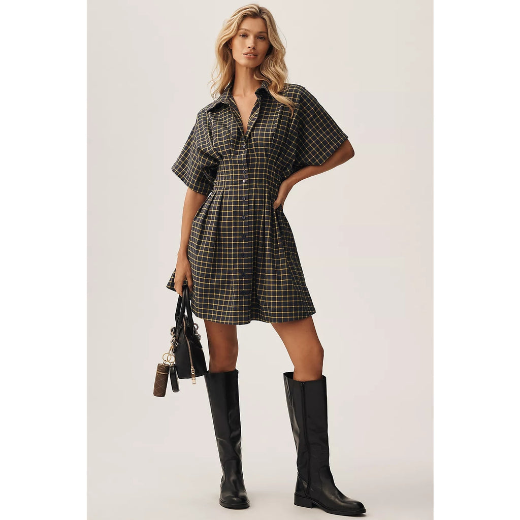 Blue plaid mini shirt dress with collar, short sleeves, and button front