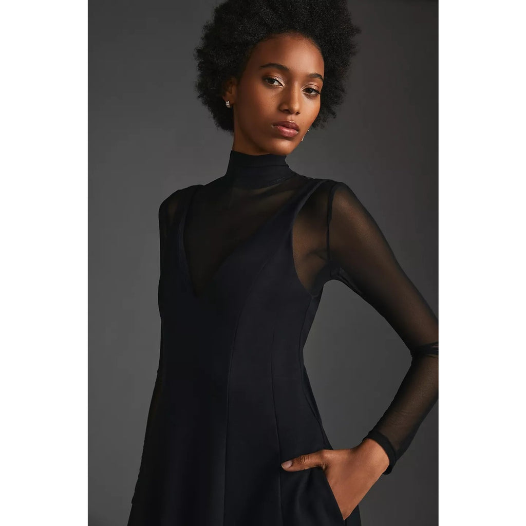 New Anthropologie Maeve Layered Sheer Stretch Mini Dress $160 SMALL Black