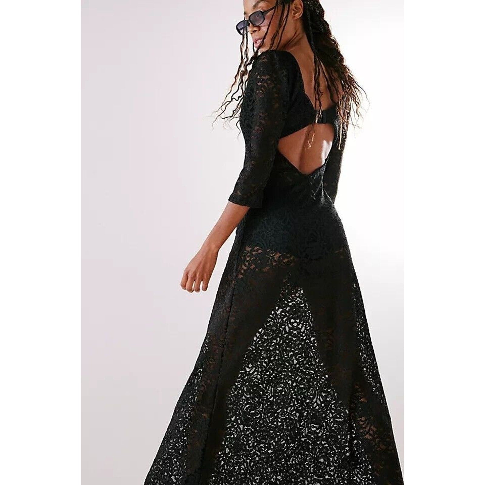 New FREE PEOPLE Adored Maxi Dress LACE $198 MEDIUM Black Sheer Lace Semi Lined