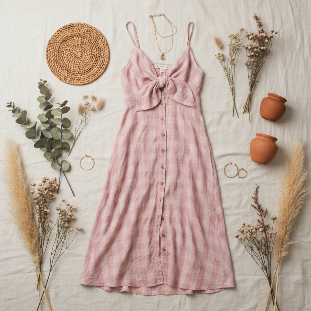 Blush pink midi dress with front tie bow and button front, thin spaghetti straps