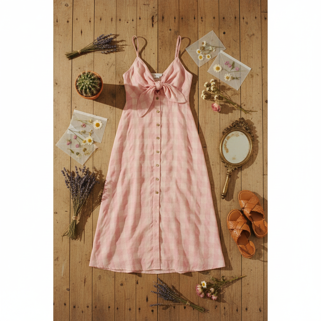 Blush pink button-front midi dress with large bow neckline and spaghetti straps