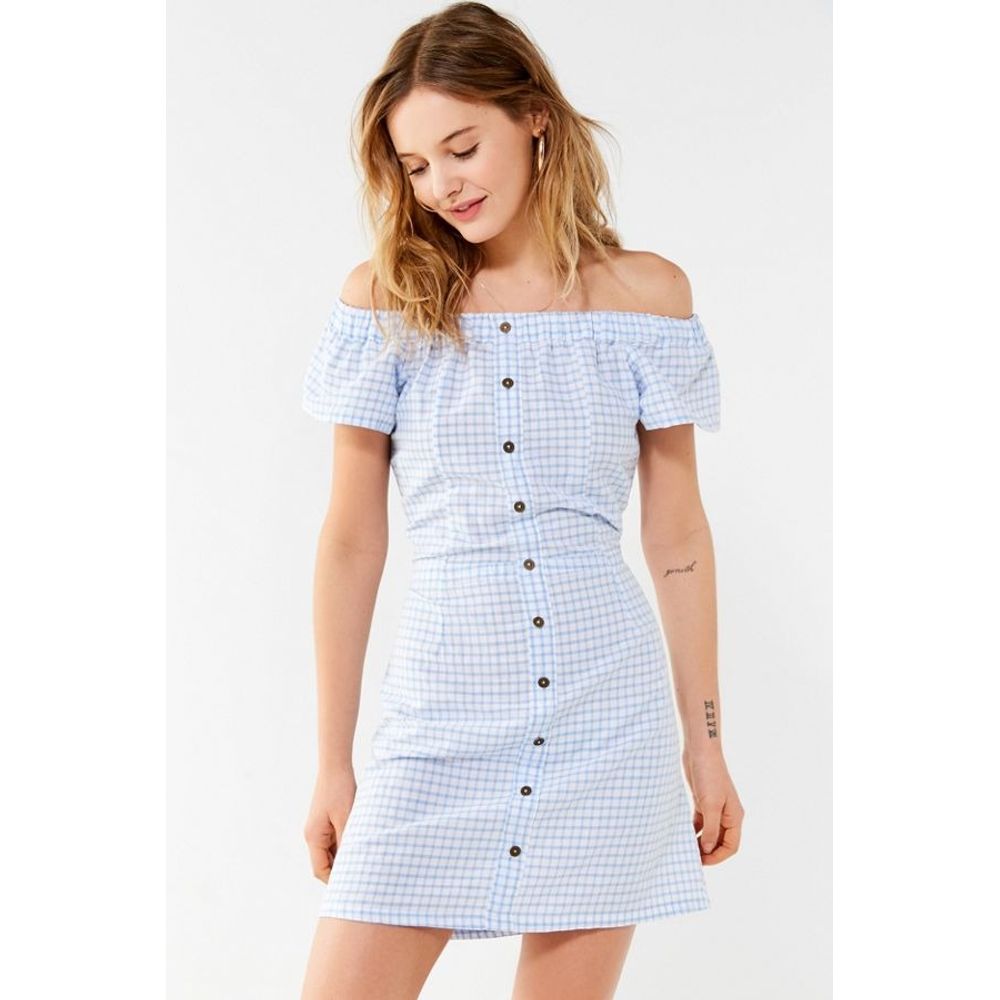 New UO x Cleobella Lou Lou Off-The Shoulder Gingham Mini Dress $169 Size Small
