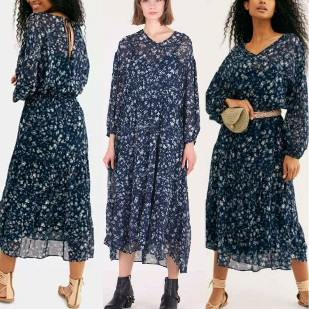 New Free People Wallflower Blue Chiffon Long Sleeve Midi Dress $148 Size Small