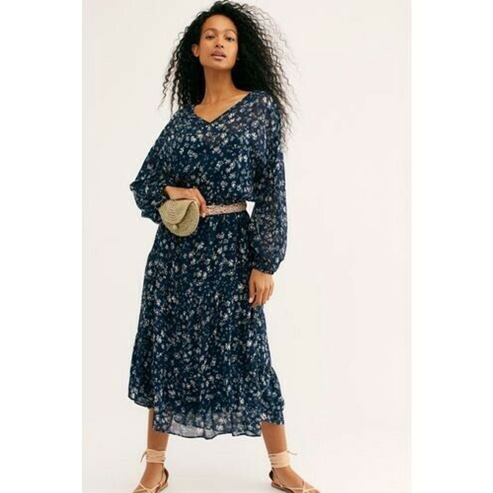 New Free People Wallflower Blue Chiffon Long Sleeve Midi Dress $148 Size Small