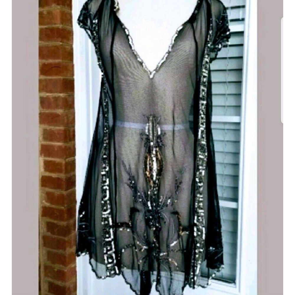 New Free People Lady Lazarus Slip $198 X-SMALL Black Trapeze Sequin Embellished