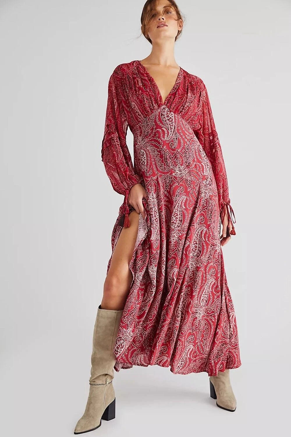 Free People Mirage Paisley Maxi Dress Sz 2 Red Boho Empire Waist Free People
