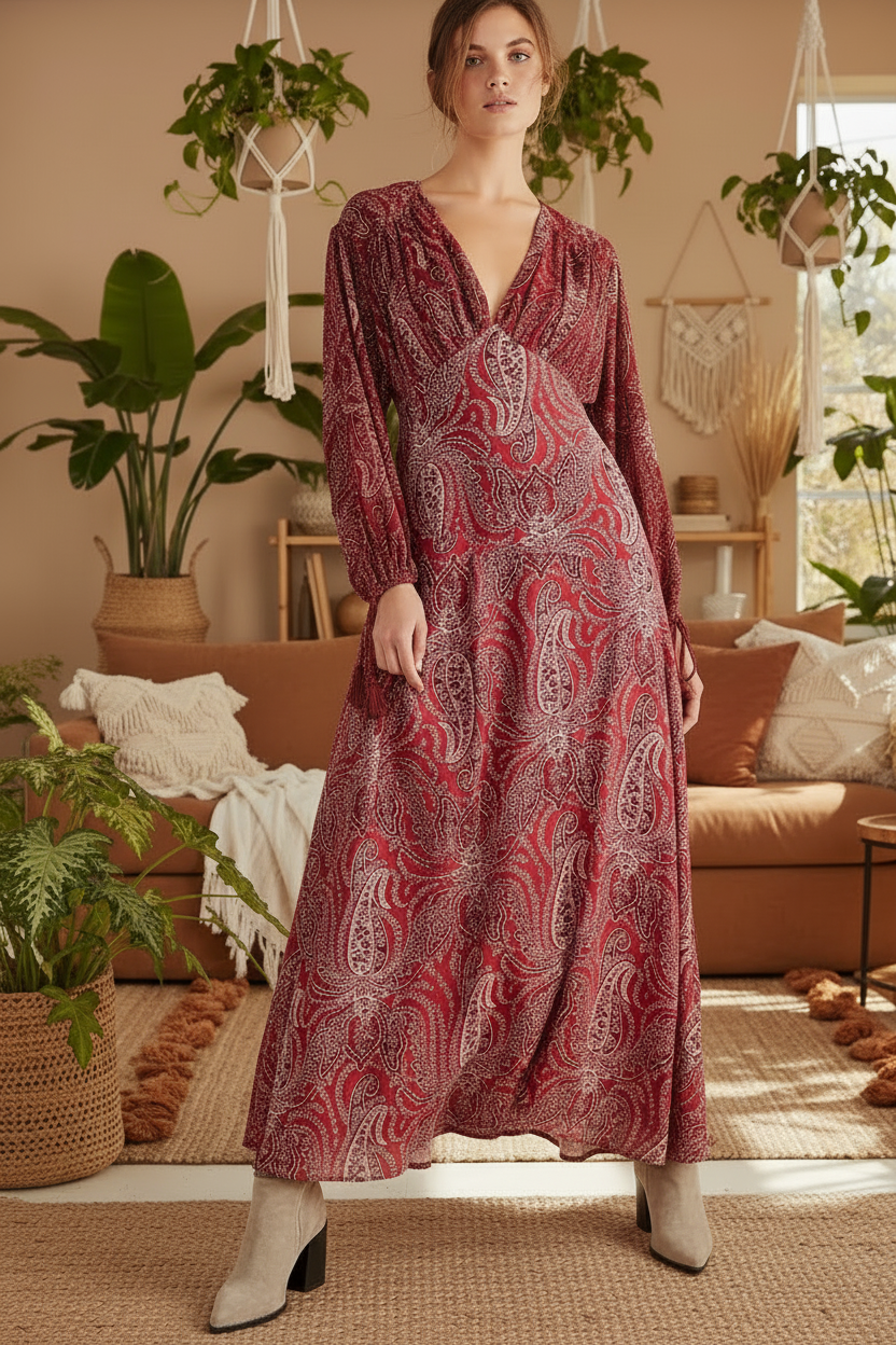 Free People Mirage Paisley Maxi Dress Sz 2 Red Boho Empire Waist Free People