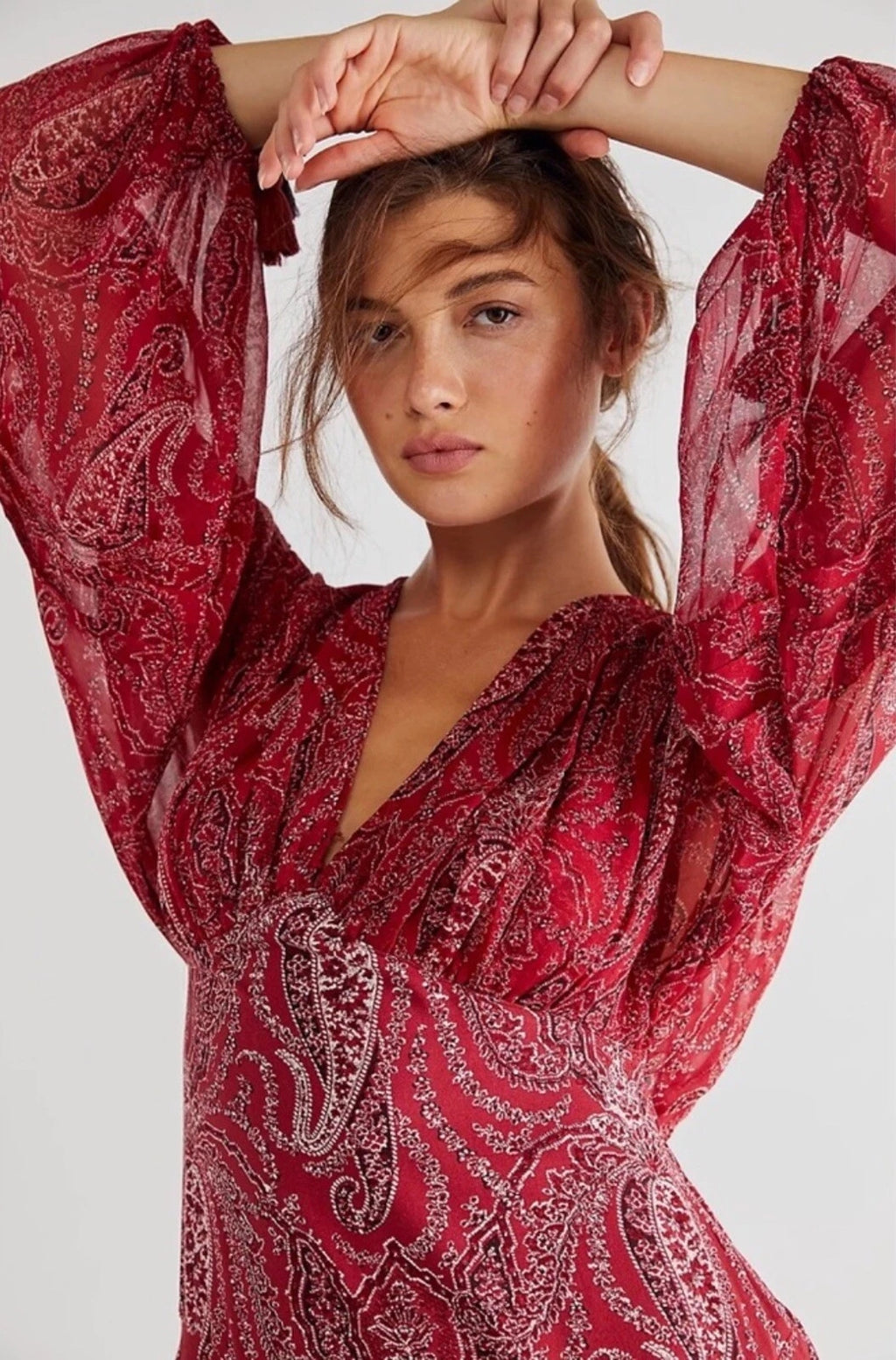 Free People Mirage Paisley Maxi Dress Sz 2 Red Boho Empire Waist Free People