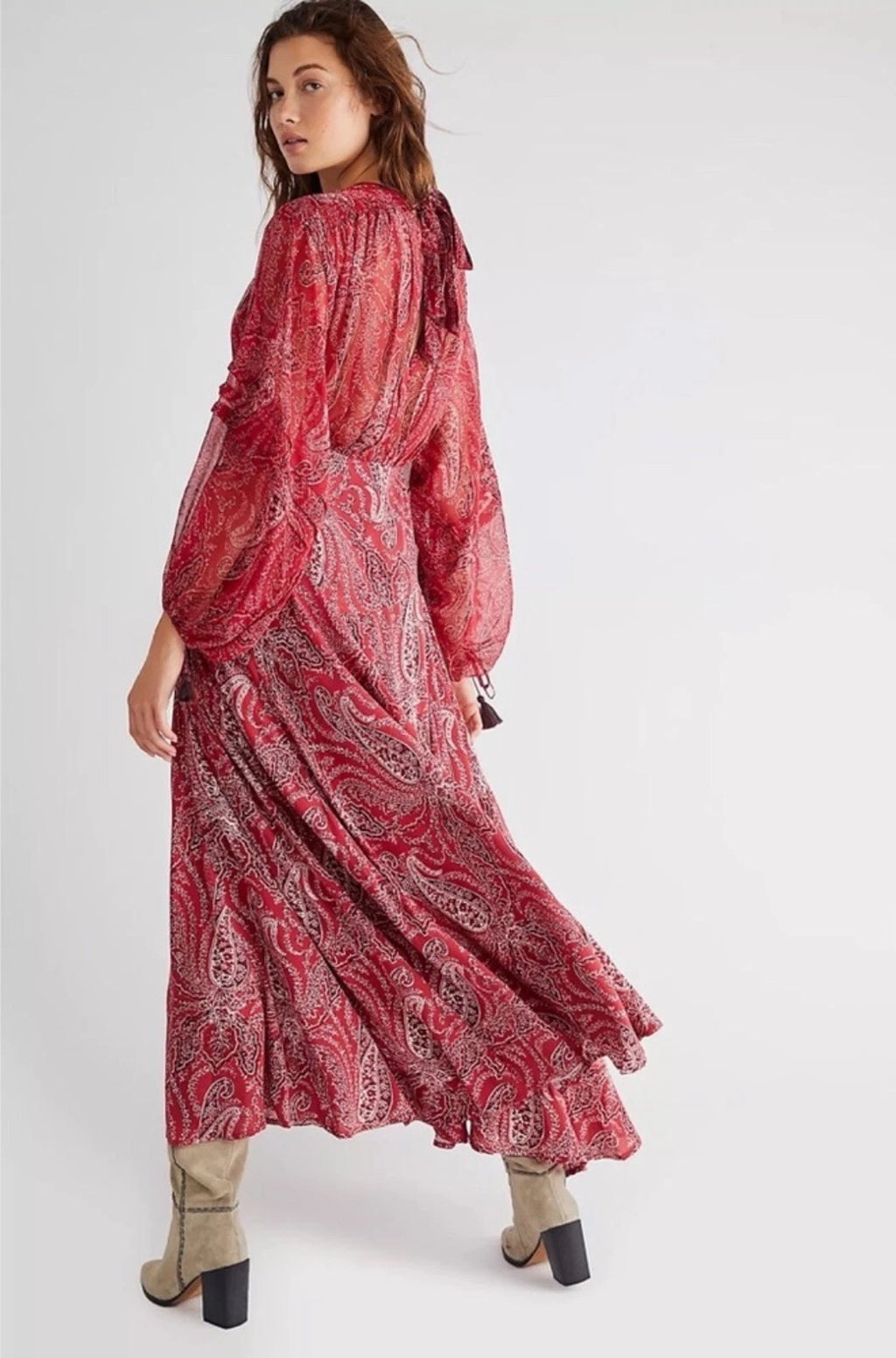 Free People Mirage Paisley Maxi Dress Sz 2 Red Boho Empire Waist Free People