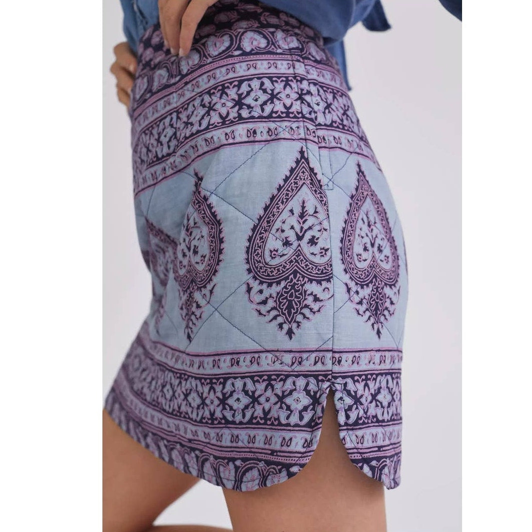 New Free People Maddy Quilted Mini Skirt by ANTIK BATIK $184 SMALL Blue