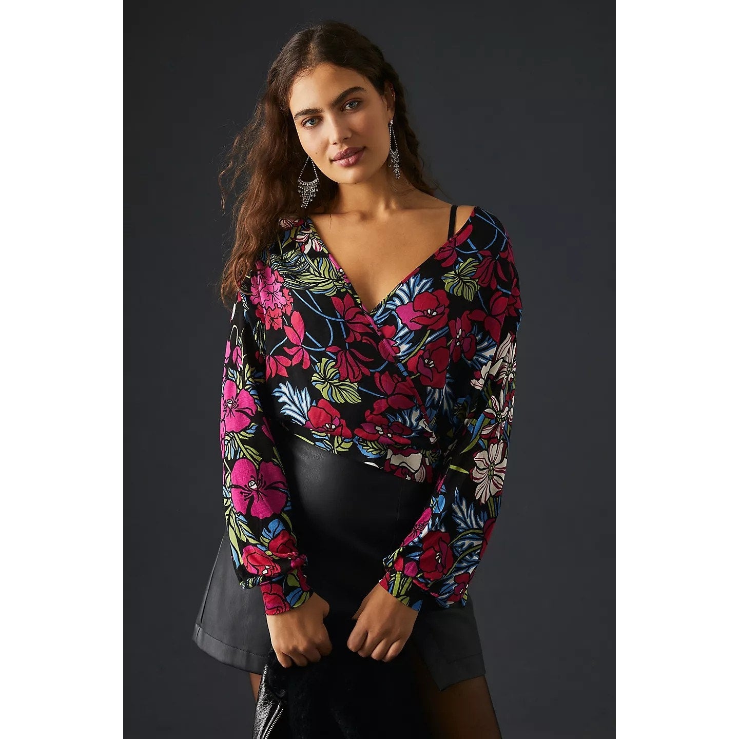 New Anthropologie Tiny Finley V-Neck Long Sleeve Top $98 X-SMALL Floral Motif