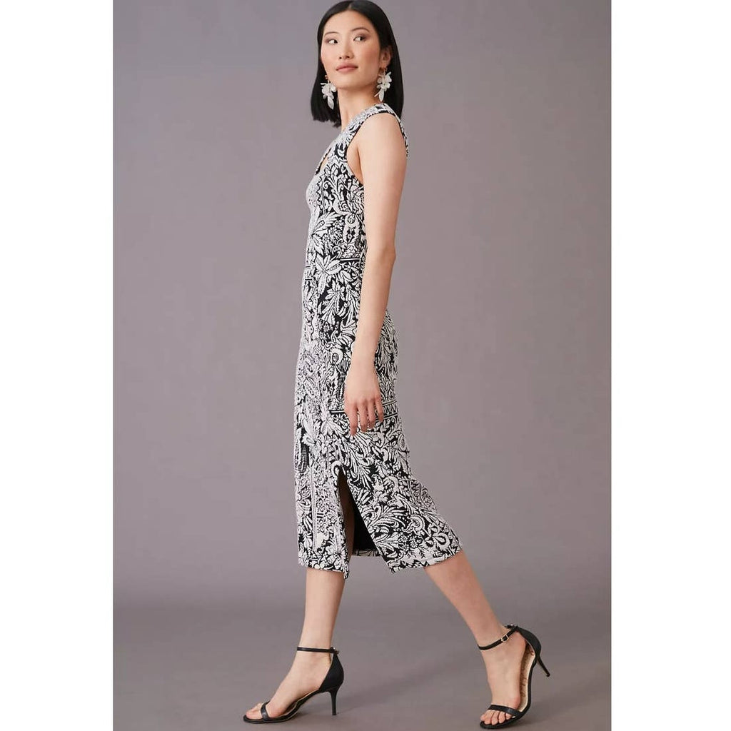 New Anthropologie Jacquard Cut-Out Midi Dress $148 LARGE B&W