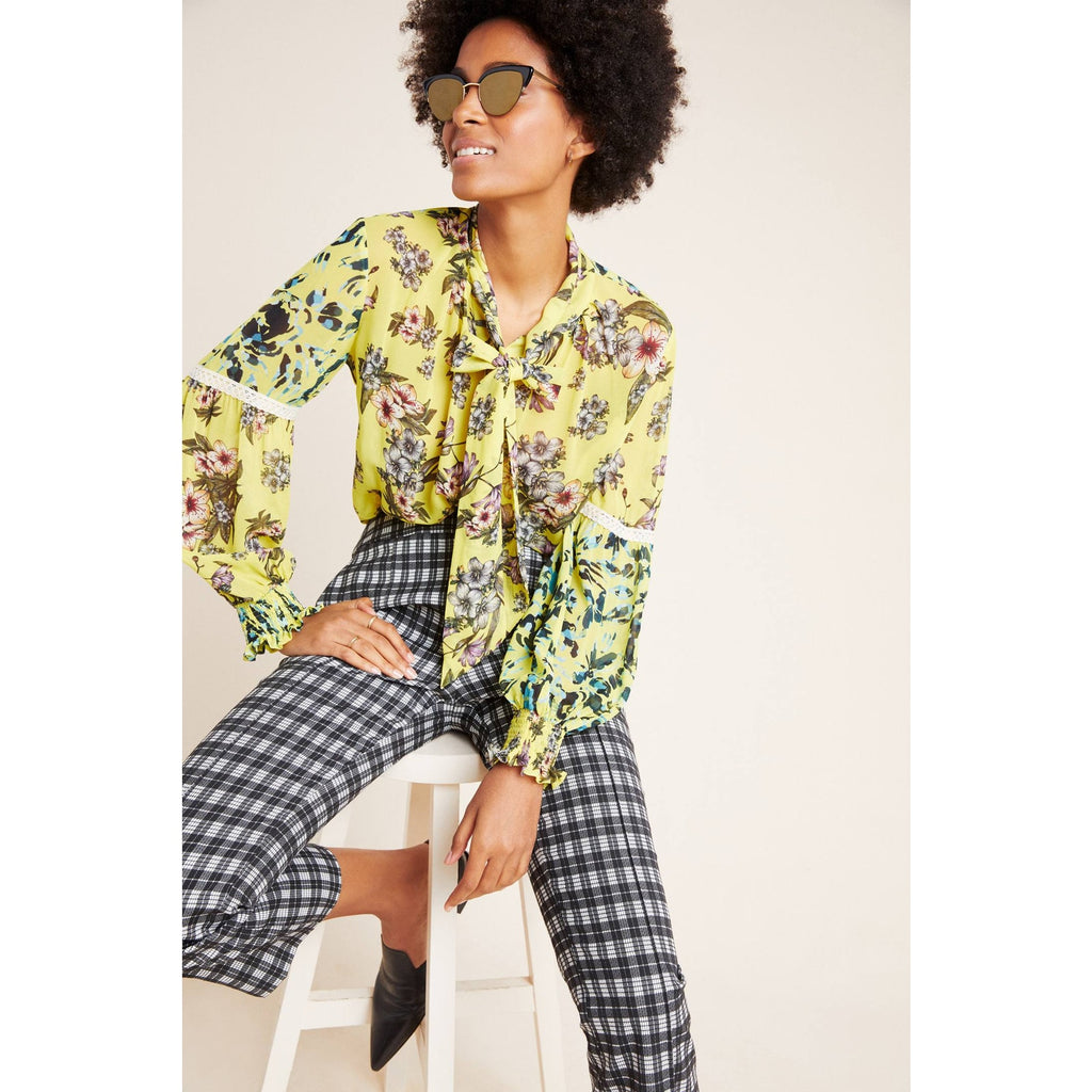 New Anthropologie x Varun Bahl Mindy Tie-Neck Floral Blouse $140 X-SMALL Yellow