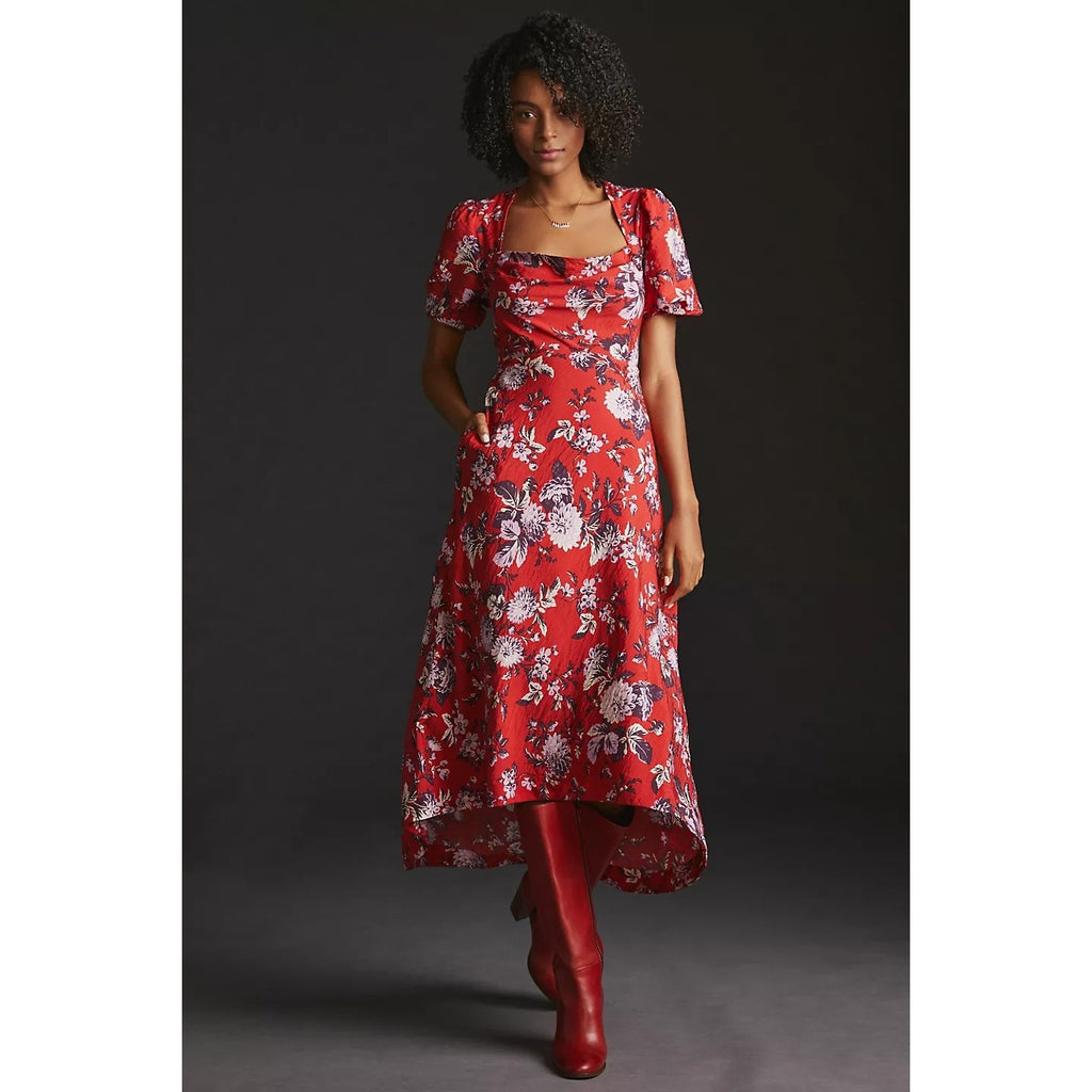 New Anthropologie Maeve Puff-Sleeve Floral Midi Dress $160 SIZE 6 Red