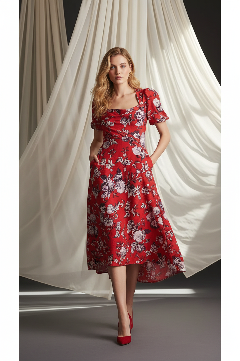 New Anthropologie Maeve Puff-Sleeve Floral Midi Dress $160 SIZE 6 Red Anthropologie