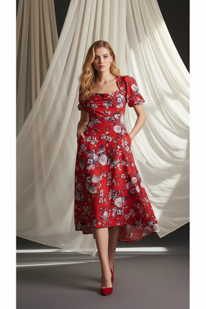 New Anthropologie Maeve Puff-Sleeve Floral Midi Dress $160 SIZE 6 Red