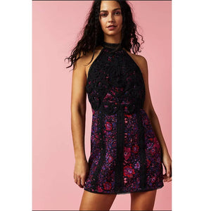 New Free People Miss You Floral Mini Halter Dress $250 Size10 Purple Boho