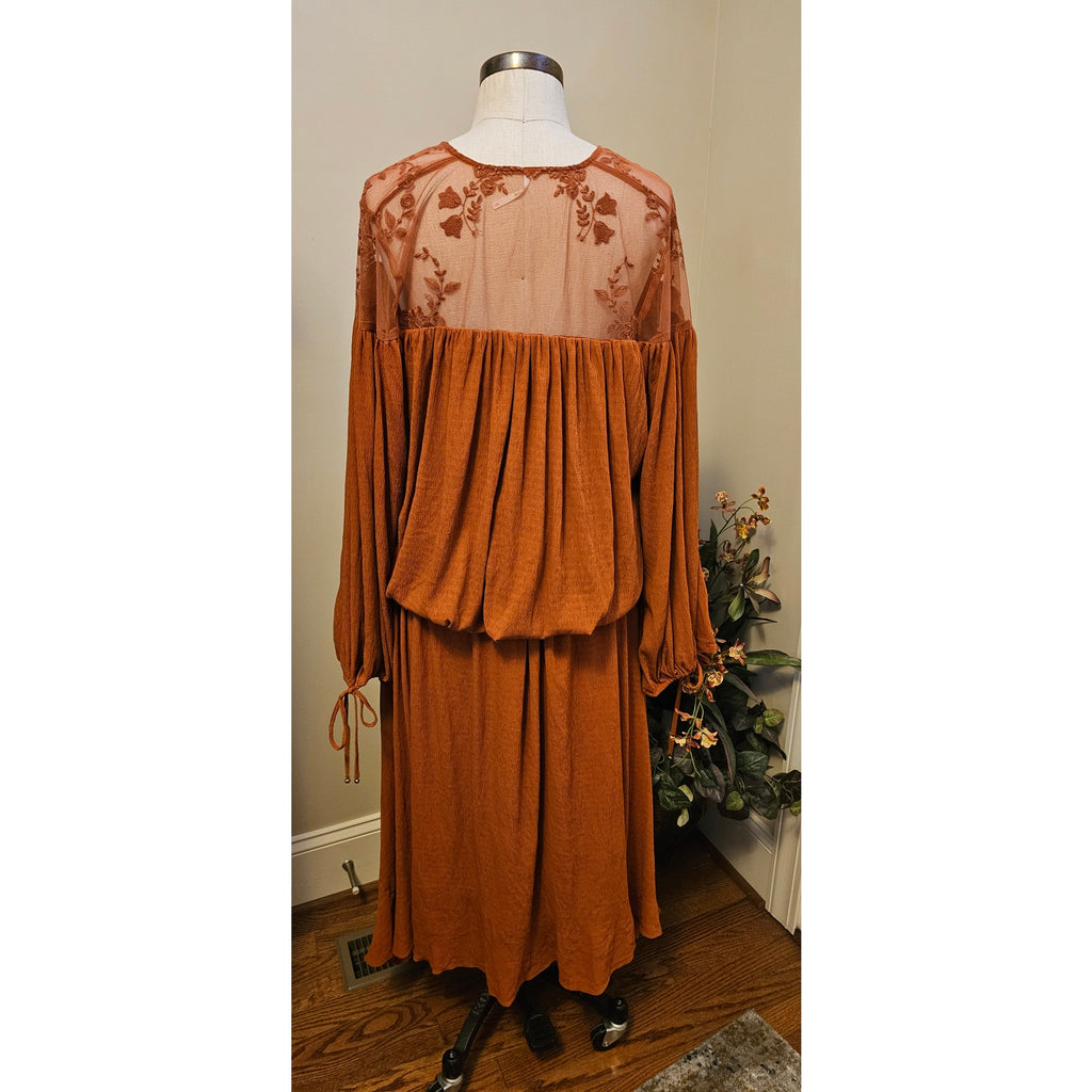 New Free People Clementine Maxi Dress XS/S Brown/Rust Long Sleeve Lace Chiffon