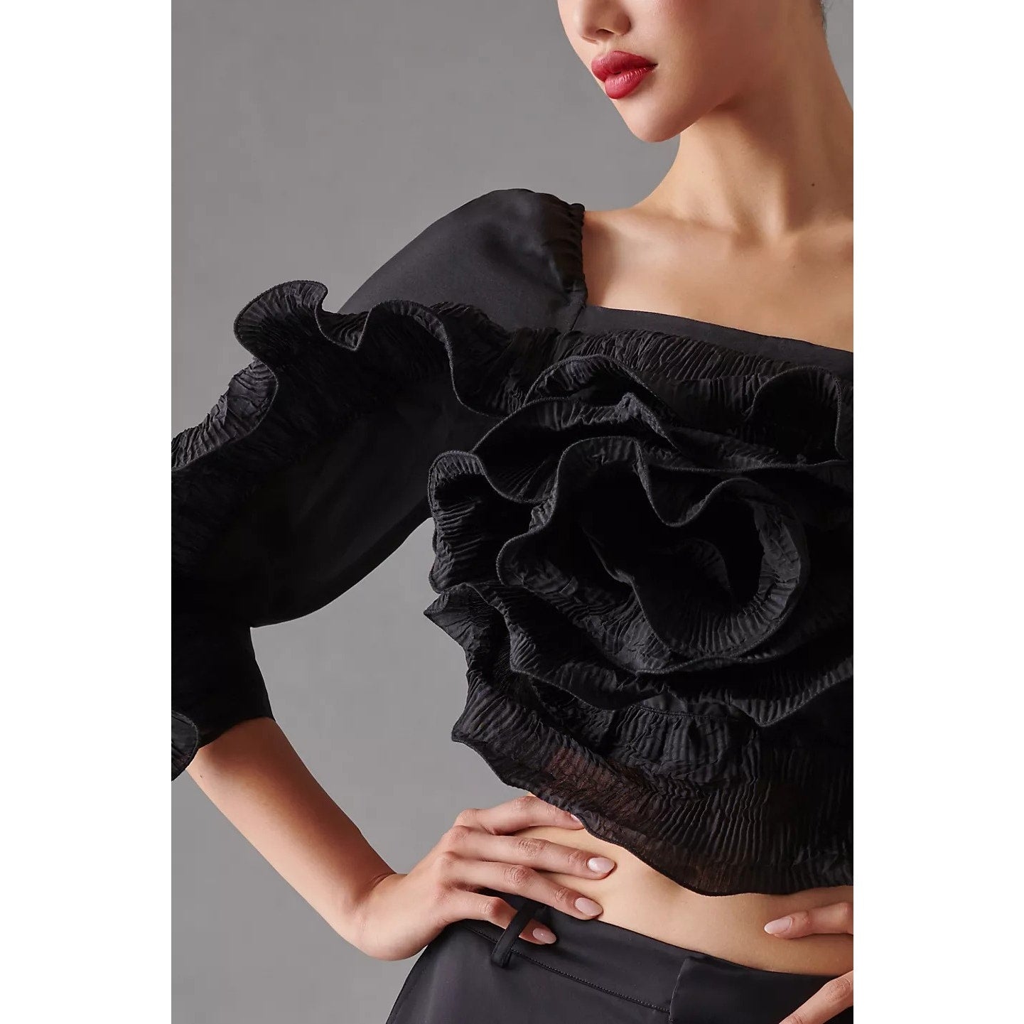 New Anthropologie Let Me Be 3-D Rosette One-Shoulder Top $148 XXSP Black