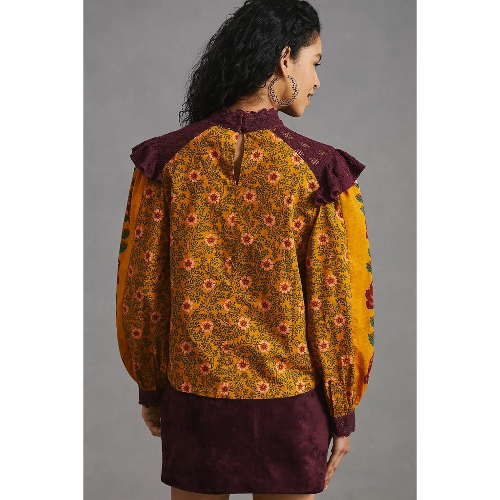 Anthropologie Ruffled Floral Long Sleeve Blouse