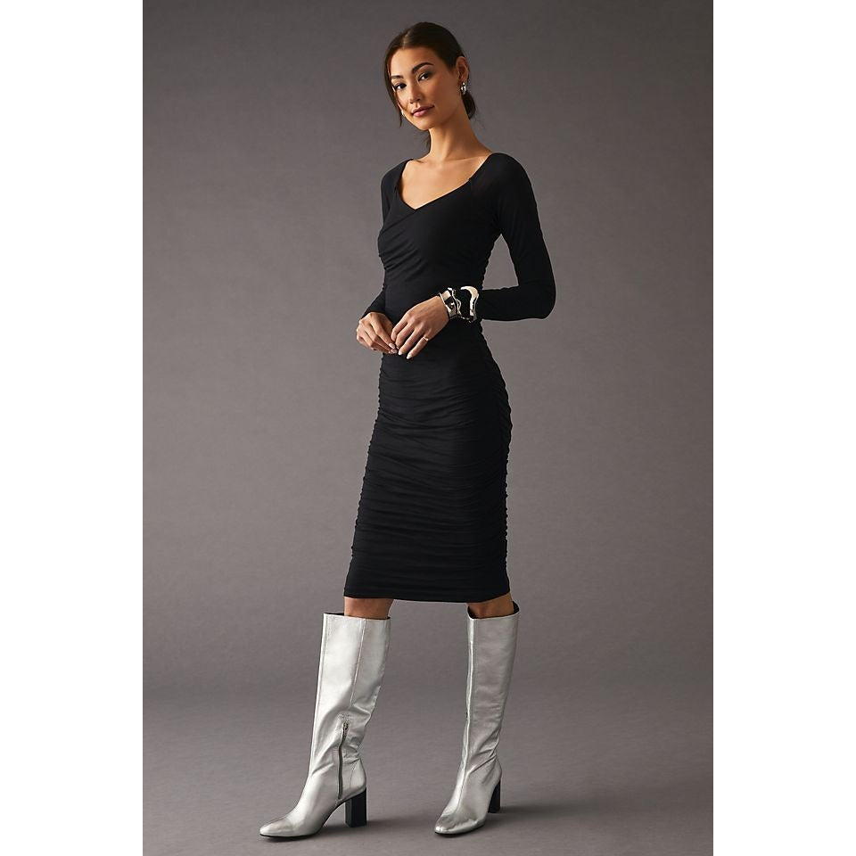 New Anthropologie Velvet by Graham & Spencer Tori Ruched Dress $189 LARGE Black