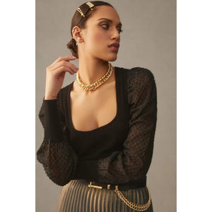 By Anthropologie Puff-Sleeve Shimmer Pullover Sweater MEDIUM Black