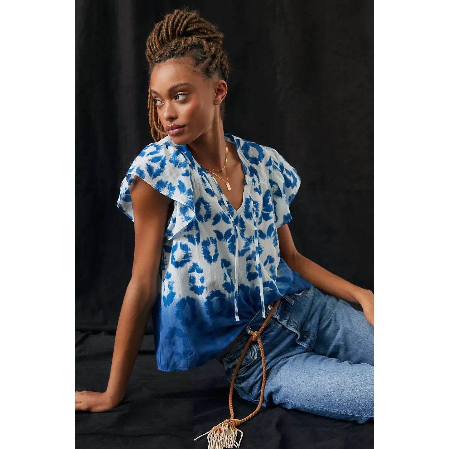 New Anthropologie Othilia Tie-Neck Blouse $148 SMALL Blue Tonal Motif