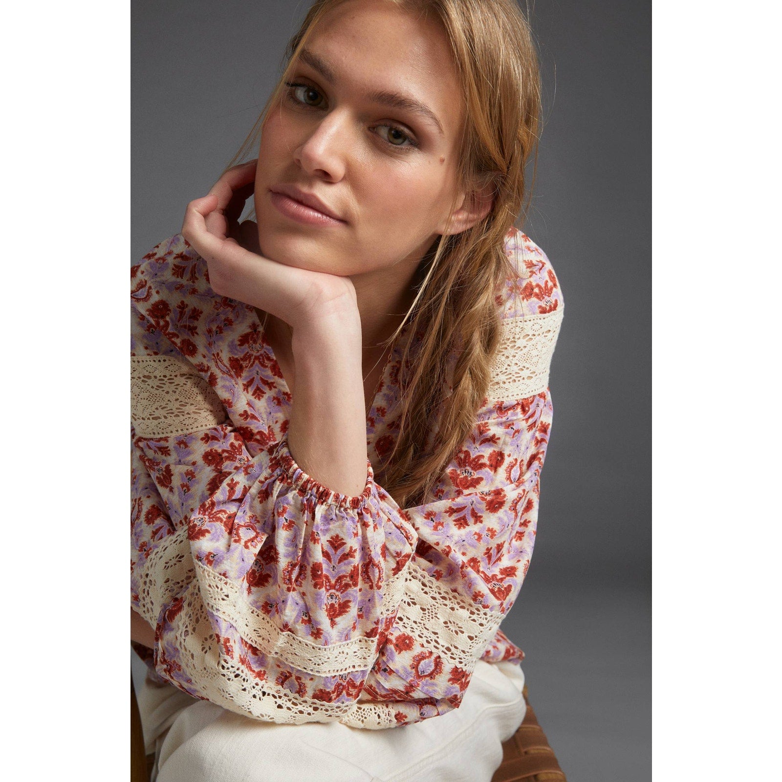 New Anthropologie Eze Sur Mer Yvonne Lace Boho Chic Blouse $98 SMALL Floral Geo